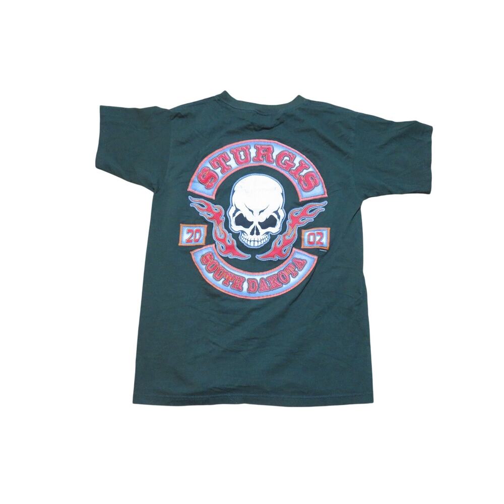 Sturgis Bike Rally 2002 Skull Double Sided Graphic Green T-shirt Sz M Fruit Loom